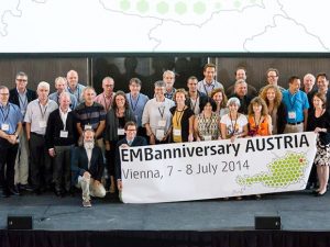 Speakers, session chairs and special guests from Austria and abroad, with past and present links to EMBO and EMBL, unite at EMBanniversary celebration. PHOTO: CeMM