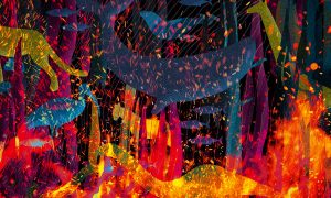 The conference key visual shows a variety of species engulfed by fire, reflecting the conference title, ‘Our House Is Burning: Scientific and Societal Responses to Mass Extinction’.